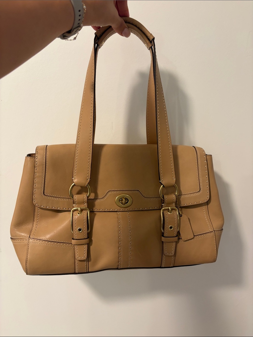 Coach (11546) Tan Hampton Bag with white stitching.